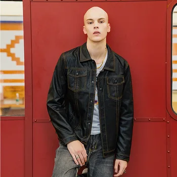 

Simple retro denim style couple leather coat