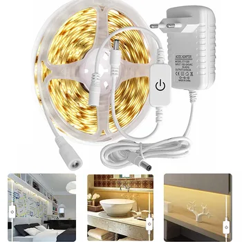 

Led Light Strip 2835 12V Warm White 5M Waterproof Dimmable Touch Sensor Switch Strips Diode Tape Adapter For Closet Kitchen Lamp