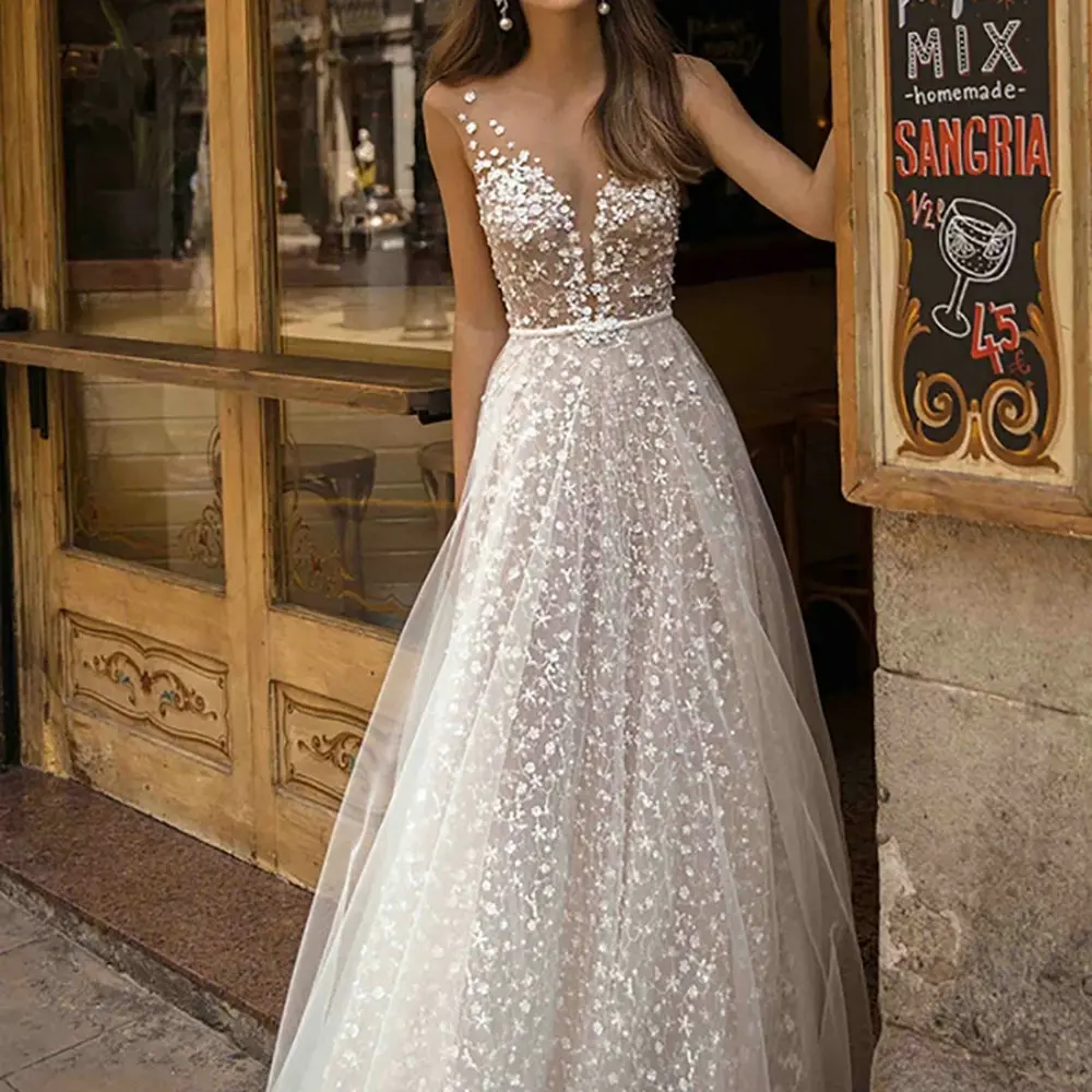 Boho A-Line Wedding Dress V Neck Lace Appliques Bride Dress 2021New Bohomian Wedding Gowns Beach A Line vestido de noiva Backles lace wedding dress