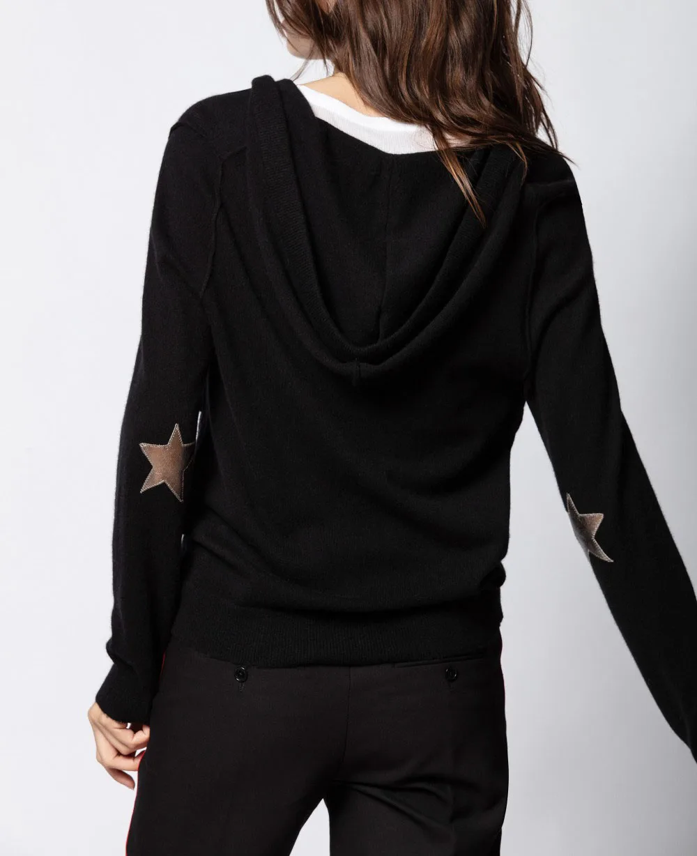 

Black Cashmere Drawstring Hooded Knitted Cardigan Jacket Zipper Front SIDE POCKETS LONG SLEEVES Elbow STAR Patch