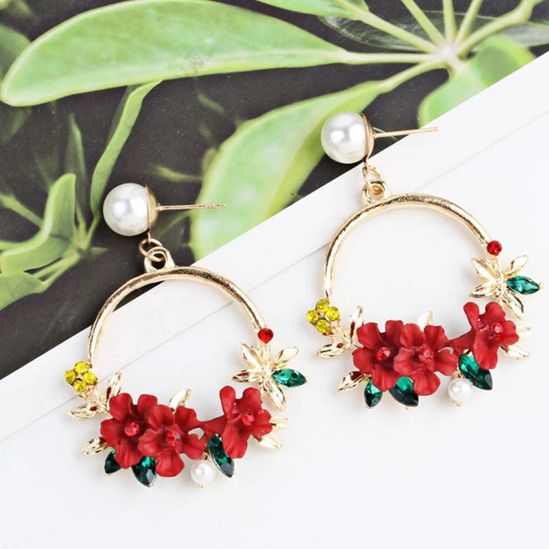 

2019 Korean Trendy Cute Sweet Blossom Flower Big Circle Dangle Earrings Trim Pearl Geometric Round Earrings For Women Party Gift