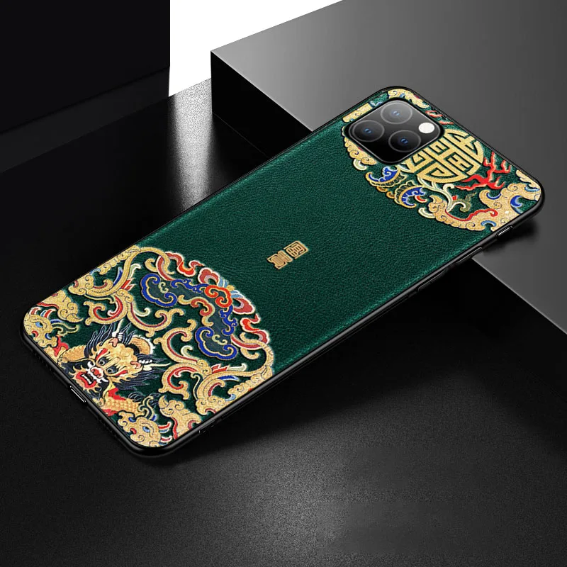 Китайский кожаный чехол с тиснением для iPhone 11 Pro XS MAX XR X, Ультратонкий силиконовый мягкий чехол для iPhone 7, 8, 6, 6S Plus - Цвет: Green