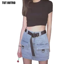 Уличная одежда женская прямая синяя джинсовая мини юбка с поясом Весна Лето с карманом разрезом Высокая талия Femininas S149