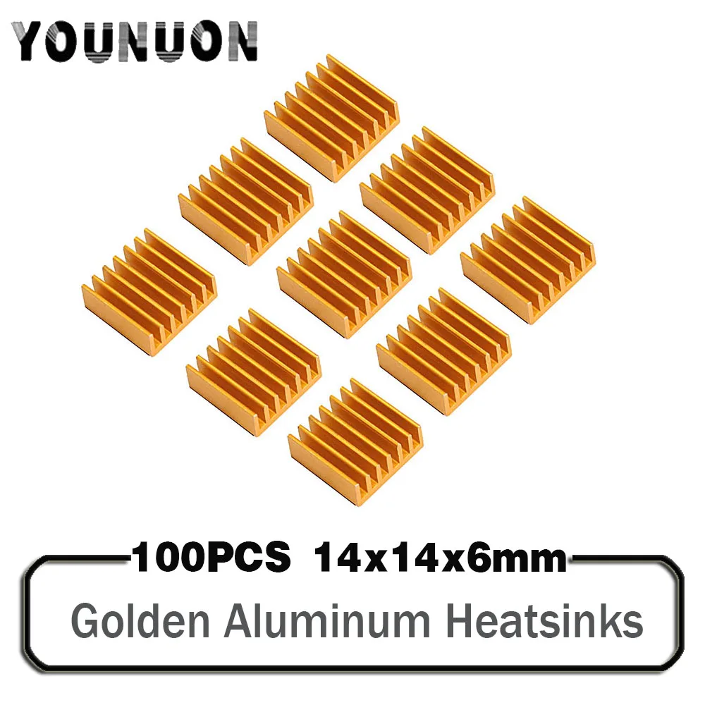 

YOUNUON 100pcs 14x14x6mm Golden Aluminum Heatsink 14mm x 6mm Chip CPU GPU VGA RAM LED IC Heat sink Radiator with 3M Tape