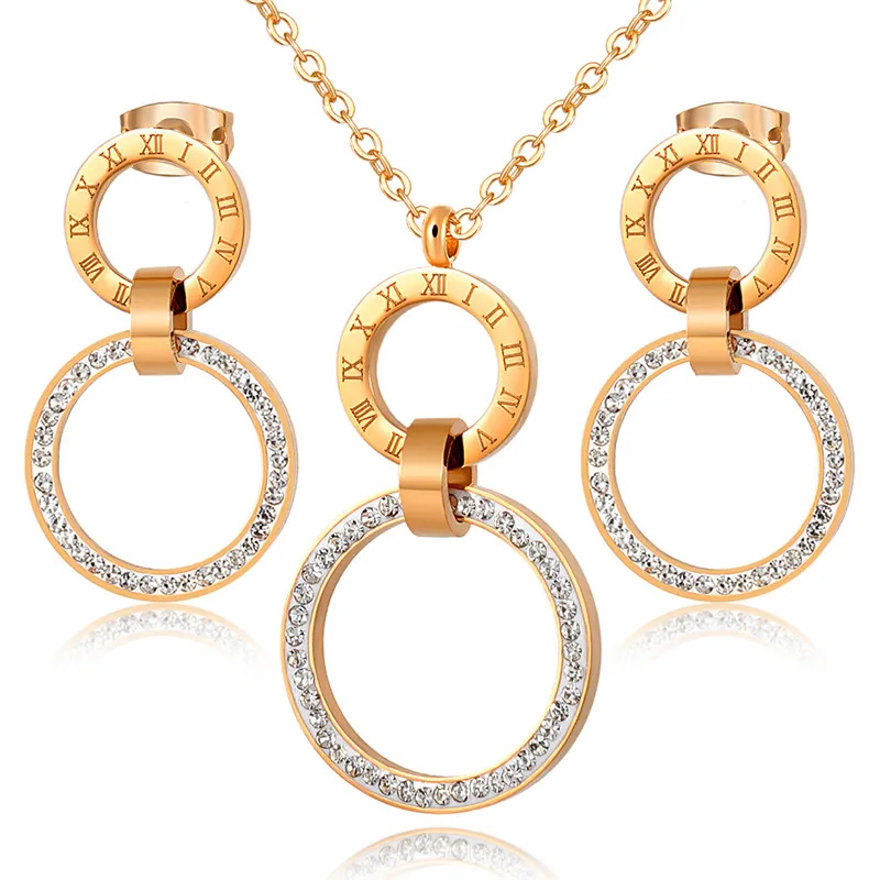 Roman Numeral Choker Necklace & Earrings Sets Full Crystals Stainless Steel Round Circle Clavicle Necklace for Women jewelry sets jewelry set women earrings chain necklace