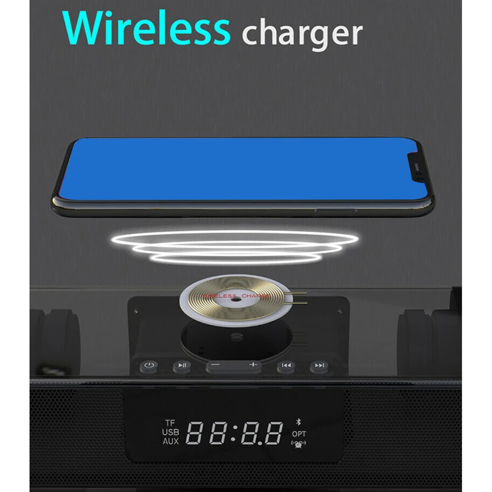 Remote Control Wireless Charging Bluetooth Speaker Alarm Clock FM Radio Plastic LED Display Stereo Digital 10W Theater Portable