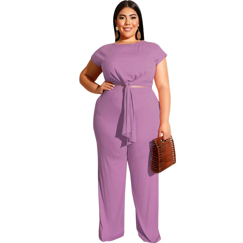 Light Purple Плюс размер, повседневный Женский комплект, короткий рукав, ремень, укороченный топ и длинные прямые брюки, комплект из 2 предметов, ребристые сексуальные костюмы, тренировочные костюмы - Цвет: Light Purple