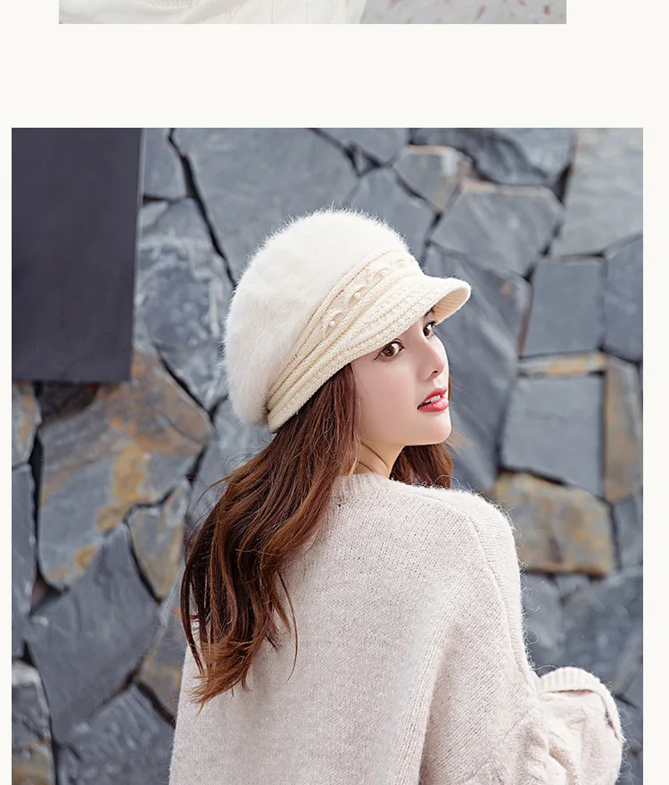USPOP winter hats women berets female rabbit hair pearl hat thick warm knitted hats knitted visor cap