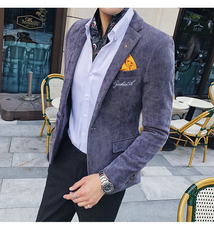 Corduroy Blazer Men Slim Fit Green Khaki Grey Male Blazer Suit Jacket Gold Embroidery Terno Masculino Korean Men Blazer