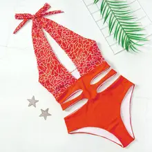 Оранжевый купальник с высокой талией, Женский Монокини, купальный костюм, Бразильский купальный костюм с бретелькой через шею, пляжная одежда C12