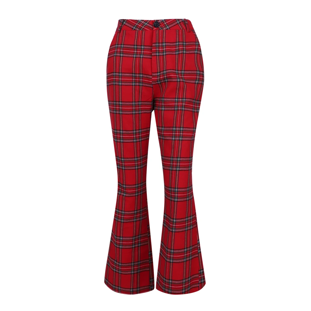 

Spring Autumn New Fashion Women Flare Pants Red Plaid Female Harem Fit Pants Ladies High Waist Flared Trousers Ankle-Length D30