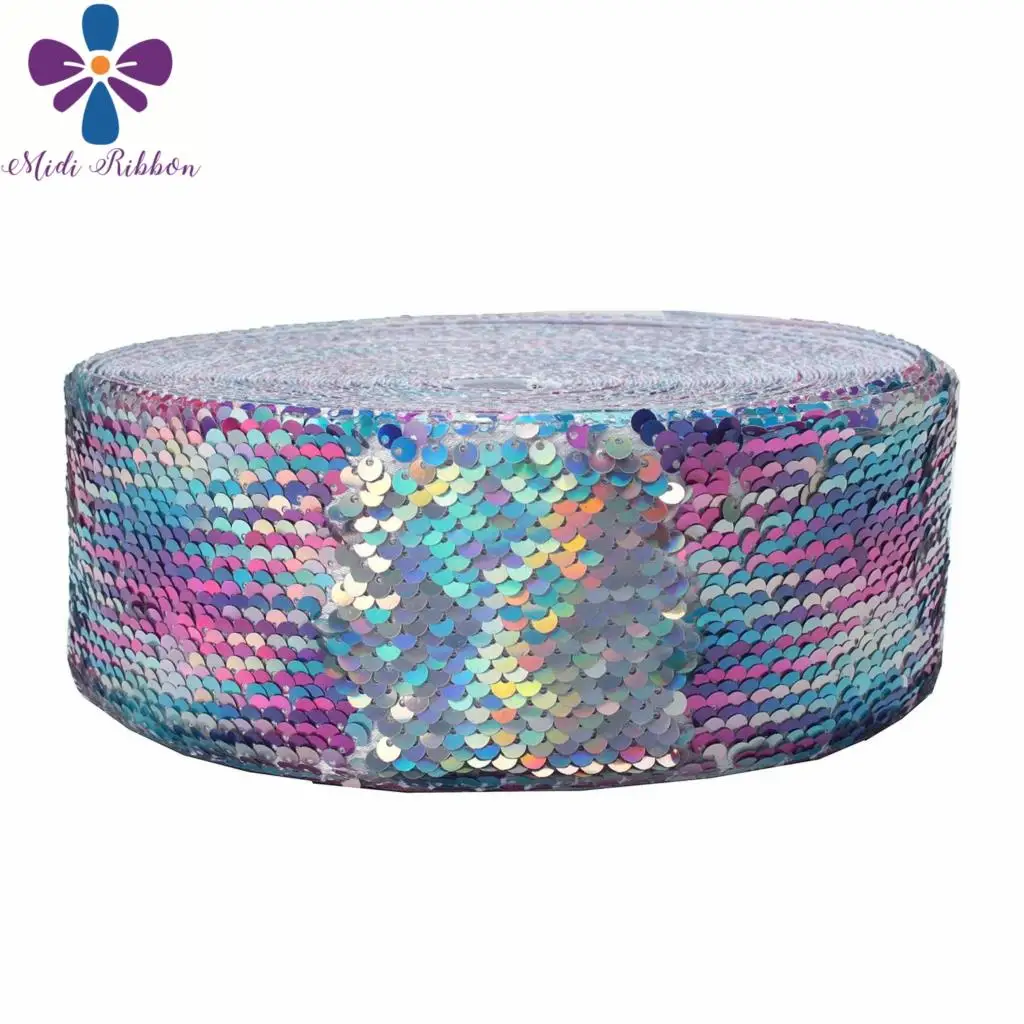 

3"75mm Solid Color Double Reversible Sequin Ribbon Rainbow Hologram Silver DIY Wedding Party Decor Hair Bowknots 25yards/roll