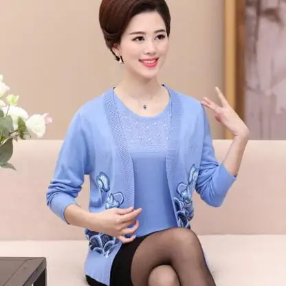Осень для женщин среднего возраста Женские blusa трикотаж мать комплект одежды вязаный кардиган женский длинные рукава размера плюс свитер S243