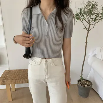 

ZCWXM Brief Casual Knitted Jumpers Short Sleeves Solid Chic 2020 All-Match Basic Pullovers Lapel Sweet Office Lady Sweaters New