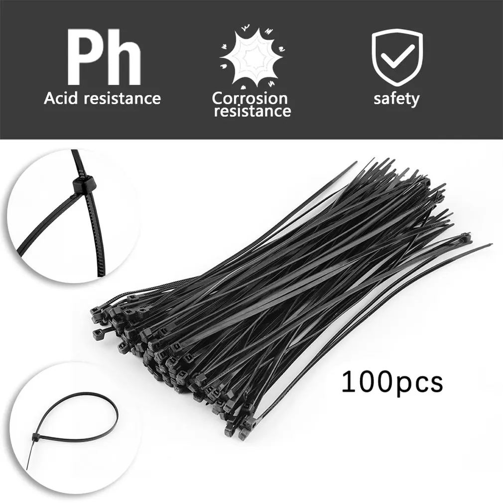 100pcs Practical 3 X 200mm Nylon Plastic Cable Ties Zip Organiser Fasten Wire Wrap Cord Strap Pack Black