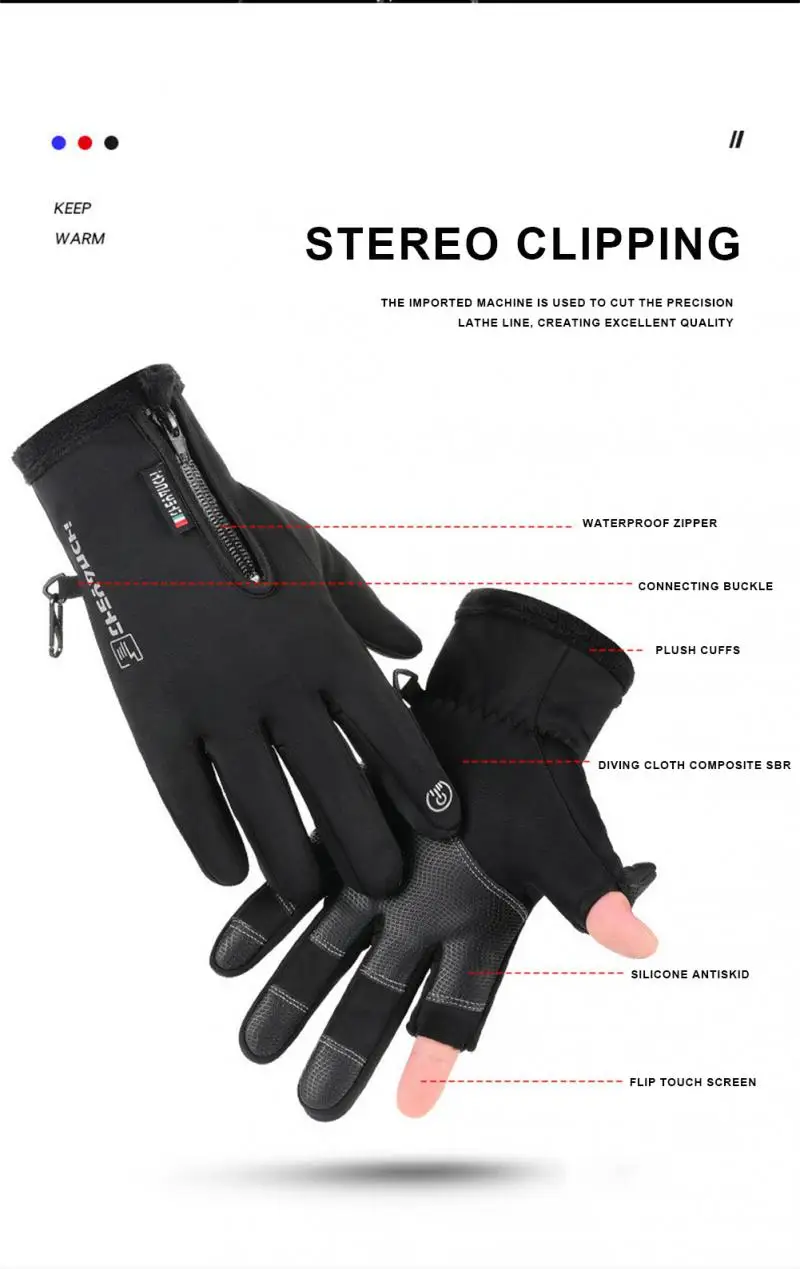 2022 1Pair Outdoor Winter Fishing Gloves Exposed Two-finger Non-Slip Screen Waterproof Non-slip Wrist Elastic Warm Fishing Glove