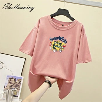 

Shellsuning T Shirt Women 2020 Summer Short-Sleeve 100% Cotton Harajuku Letter Elastic Tees Jumper Cartoon Vintage Soft Shirts