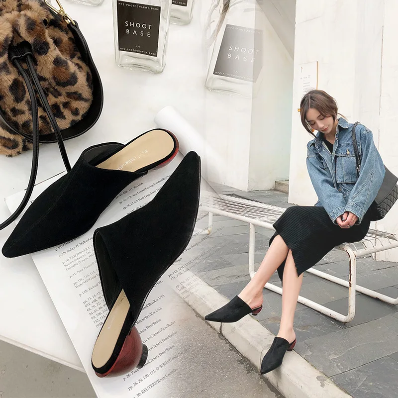 

2019 Spring New Style Closed-toe Versitile Fashion WOMEN'S Shoes Cowhide Korean-style Semi-high Heeled Pointed Sandals Slipper O