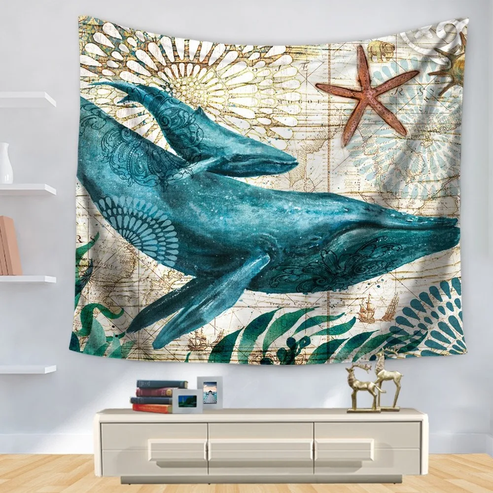 Океанский гобелен для гостиной спальни, Кит осьминог, море, черепаха, натуральный стиль, настенный Декор для дома - Цвет: Коричневый
