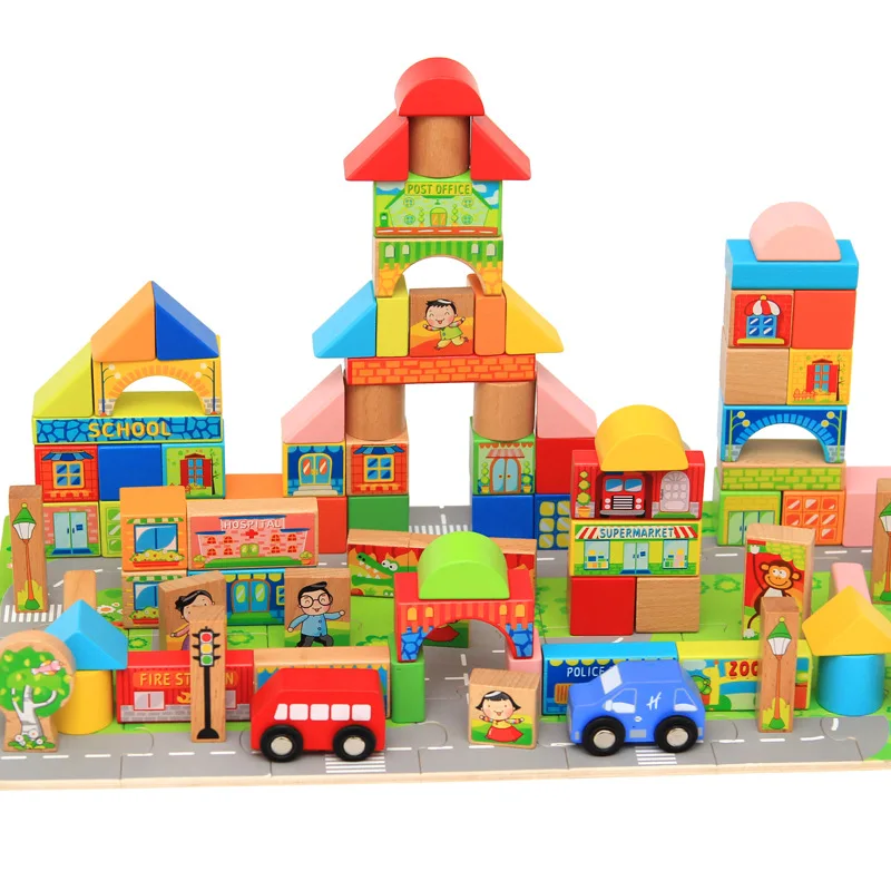 

120 Tablets Wooden Barrel City Large Particles Building Blocks Children'S Educational Early Childhood Toy