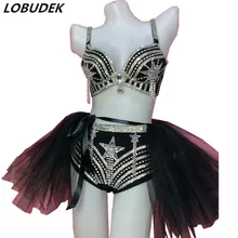 Звезда узор Серебряные стразы бахрома бюстгальтер короткая мини юбка бикини комплект из 3 предметов для женщин DJ певица сценический танец наряд бар костюм