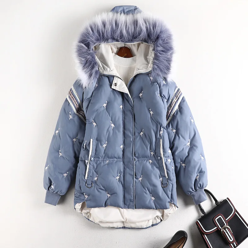 Зимняя женская хлопковая куртка, синяя, свободная, большой размер 5XL, с длинным рукавом, плюшевая шапка, на молнии, с карманами, теплая