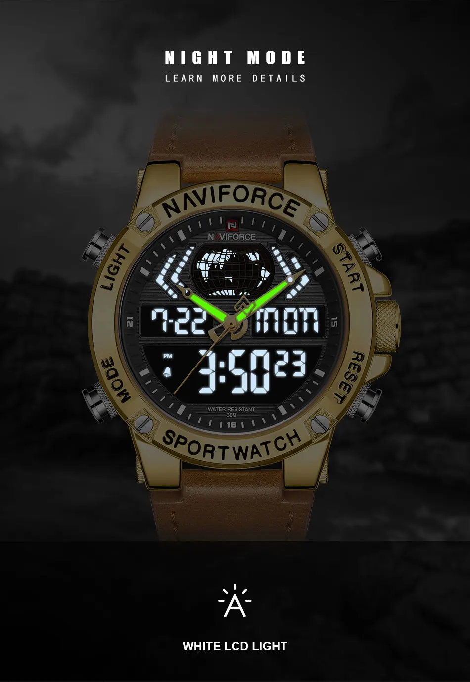NAVIFORCE Топ люксовый бренд мужские часы спортивные Водонепроницаемые кожаные мужские часы кварцевые аналоговые цифровые часы мужские Relogio Masculino