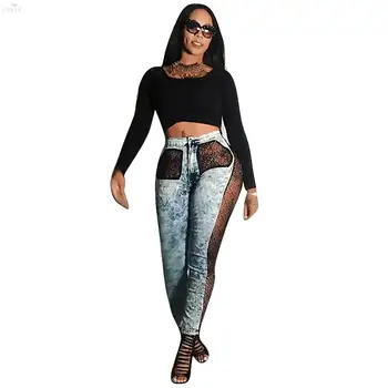 

Women Patchwork Lace Jeans Sexy Pants Women Clubwear Pencil Denim Pants Femme Packet Bodycon Elegant Jean Korean Pants Vestidos