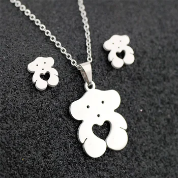 

Silver Color Stainless Steel Bear Pendant Necklace Earrings Sets Heart Love Bear Charm Necklace Jewelry Choker Sets for Women