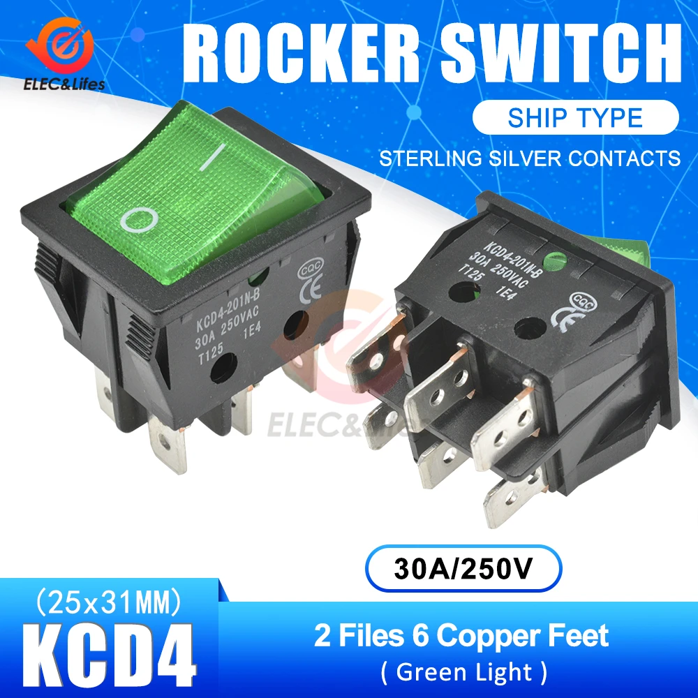 30A 250V 4 6 Pin ON-OFF кулисный переключатель для лодки контакты из стерлингового серебра KCD4 выключатель питания со светодиодным индикатором светильник 30A/250V 25*31MM - Цвет: Black Green 6pin