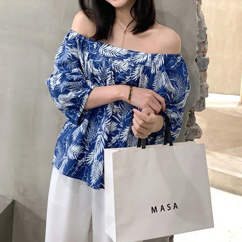 

Slash Neck Printed Blouses Women Strapless Tops Summer Short Sleeve Pullover Off Shoulder Beach Bohemia Blouse Female Clothes