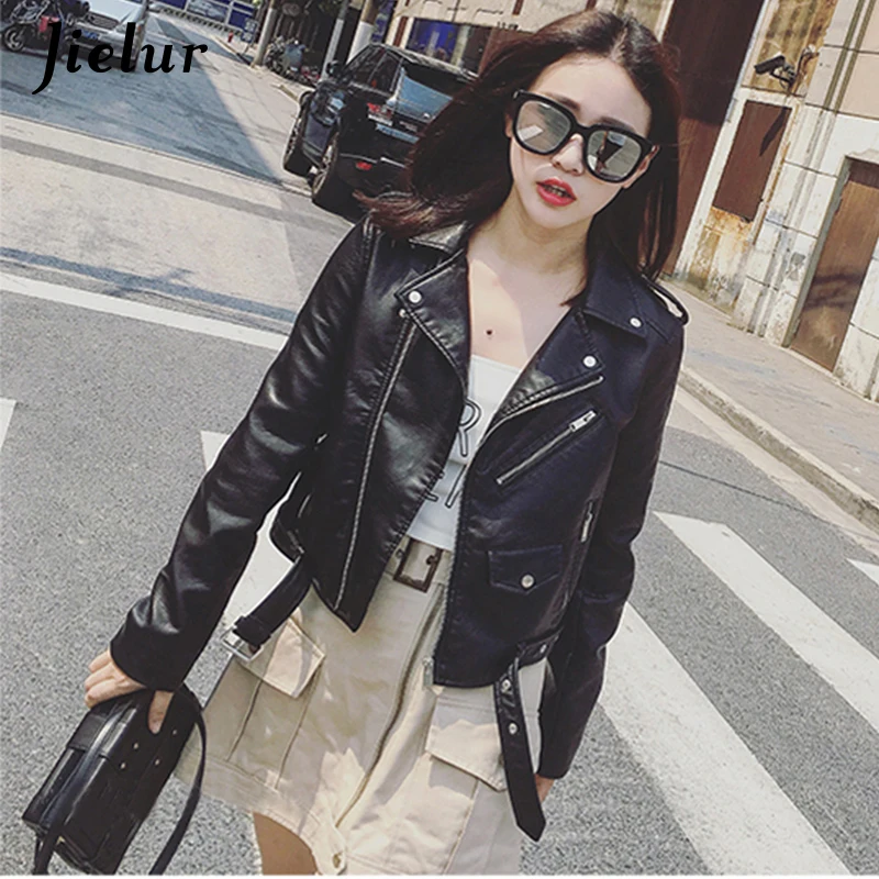 

Jielur Autumn Winter Leather Jacket Women Black Zipper Short Coat Slim Korean PU Kpop Leather Clothing Mujer Coat 2019 New S-XL