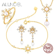 ALLNOEL, настоящий натуральный жемчуг, ювелирные наборы для женщин, натуральные драгоценные камни, 925 серебро, Свадьба Помолвка, кольцо, серьги, браслеты, ожерелье
