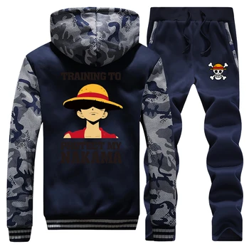 

One Piece print Camouflage Thick Hoodies Men Fleece Warm Coats Winter Jacket Clothing Men casual zipper jacket+Pants 2Piece Set