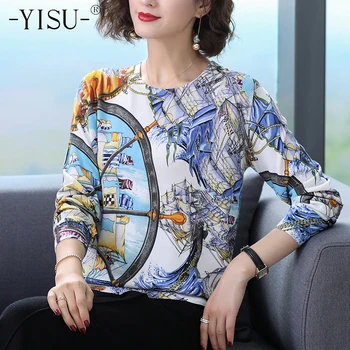 

YISU Sweater Women Loose Knitted Pullovers O-Neck Long sleeve sailboat Pattern Printed sweater Autumn Winter Casual Sweater