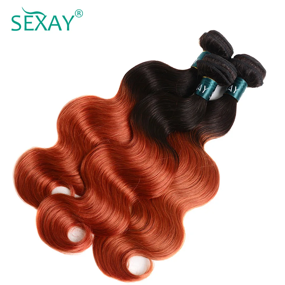 Sexay Burnt Orange Human Hair Bundles With Closure Ombre 1B/350 Remy Brazilian Body Wave Hair With Frontals 3 Pcs With Closure