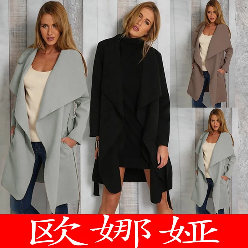 Hot Selling Autumn And Winter Fashion V-neck Lace-up Pocket Long Sleeve Blouses Woolen Jacket 0969