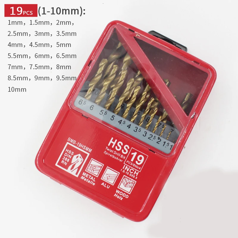 FGHGF 13/19/25 шт. 1,0~ 13mm HSS Титан покрытием сверло набор инструментов для металла деревообрабатывающий сверлильный Мощность инструменты аксессуары в железной коробке