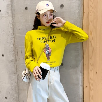 

2020 New Style Thick Loose-Fit Mock-Neck T-shirt Women's Western Style Base Shirt Tops 7896