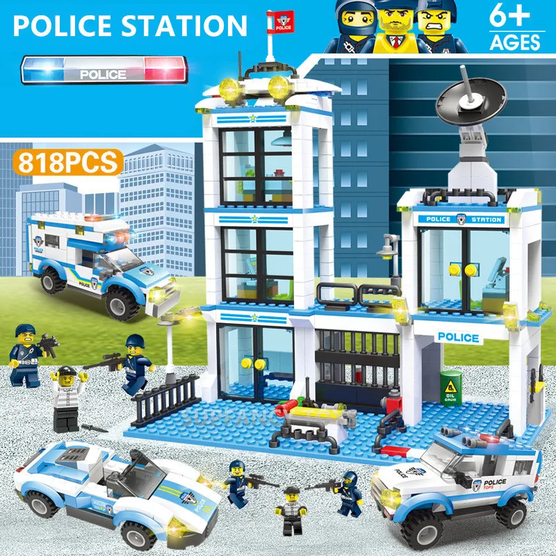 Blocos de Construção Educativos para Crianças Cidade Polícia Estação Conjuntos Helicóptero Navio Swat Carro Crianças Faça Você Mesmo Tijolos Brinquedos 818 Pcs 2 construção conjuntos helicóptero navio swat carro crianças