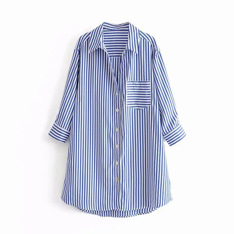 

CS9444 Women's Autumn Fresh Blue Striped Print Pocket Deco Turn Down Collar Loose Blouse Cotton Cozy Shirts