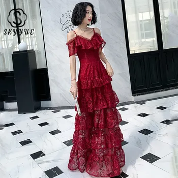 

Skyyue Burgundy Lace Robe De Soiree FR362 Invisible Zipper Evening Dress Spaghetti Strap Women Party Dresses Lace Elegant Gowns