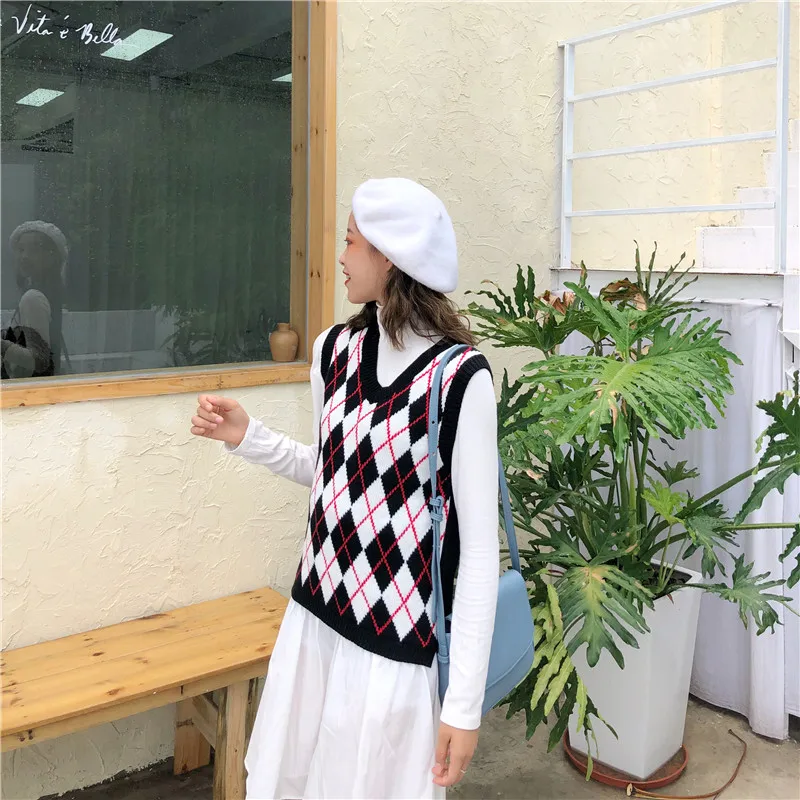 Women Sleeveless Pullover Fall Korean Preppy Style Vintage Argyle Plaid V Neck Knitted Sweater Vest Knitwear Waistcoat T441