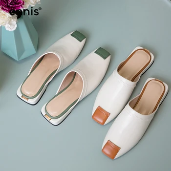 

ENNIS NEW Genuine Leather Slippers Women Flat Mules Closed Toe Fashion Casual Shoes Green Spring Outdoor Female Slippers M0002