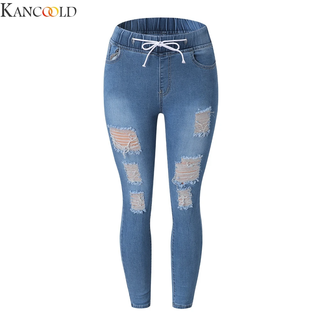 KANCOOLD Женские однотонные синие Модные свободные рваные повседневные джинсы с карманами и эластичной резинкой на талии новое поступление