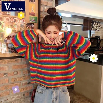

Vangull 2020 Autumn Pullovers Korean Loose Women Long Sleeve Sweater Preppy Style Rainbow Stripes Knitwear Sweater Tops