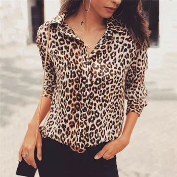

Fashion Womens Tops and Blouses Elegant Long Sleeve V neck Leopard Shirt Ladies Loose OL chemise femme blusa feminina Streetwear