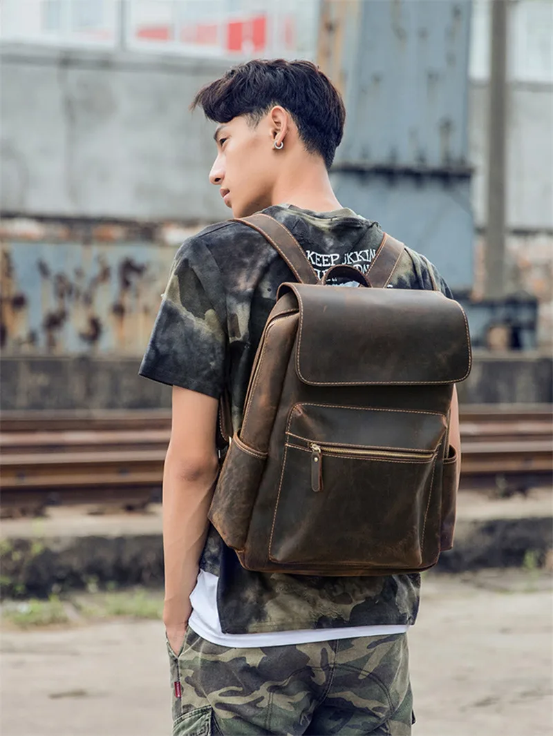 PNDME retro high quality genuine leather men backpack crazy horse leather bookbag simple outdoor casual designer laptop bagpack