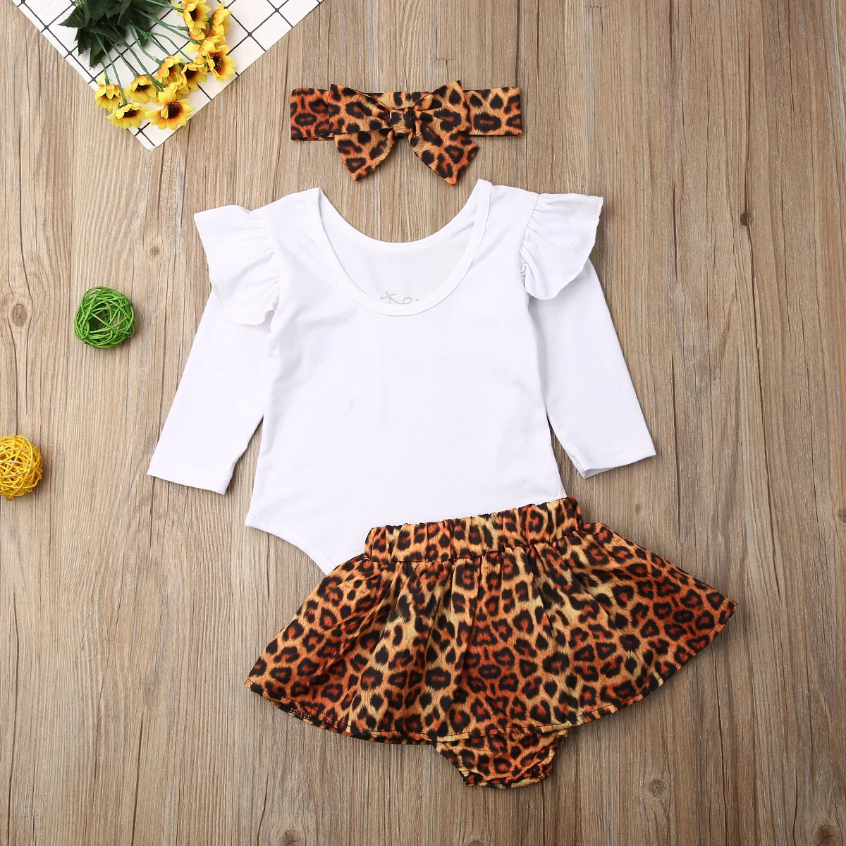 Весенне-осенняя одежда для малышей мягкий хлопковый верхний комбинезон юбки леопарда и повязка на голову для новорожденных девочек комплект из 3 предметов