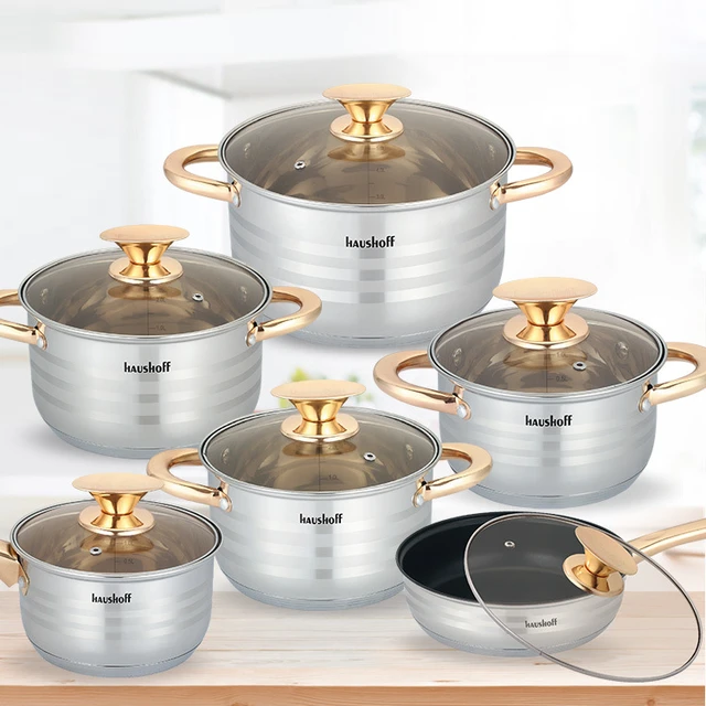 12-piece Stainless steel cookware set milk soup pot frying pan kettle non- stick wood grain glass lid - AliExpress